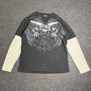Y2K MMA Elite T-Shirt Mens L Black Reaper Graphic Layered Long Sleeve Goth